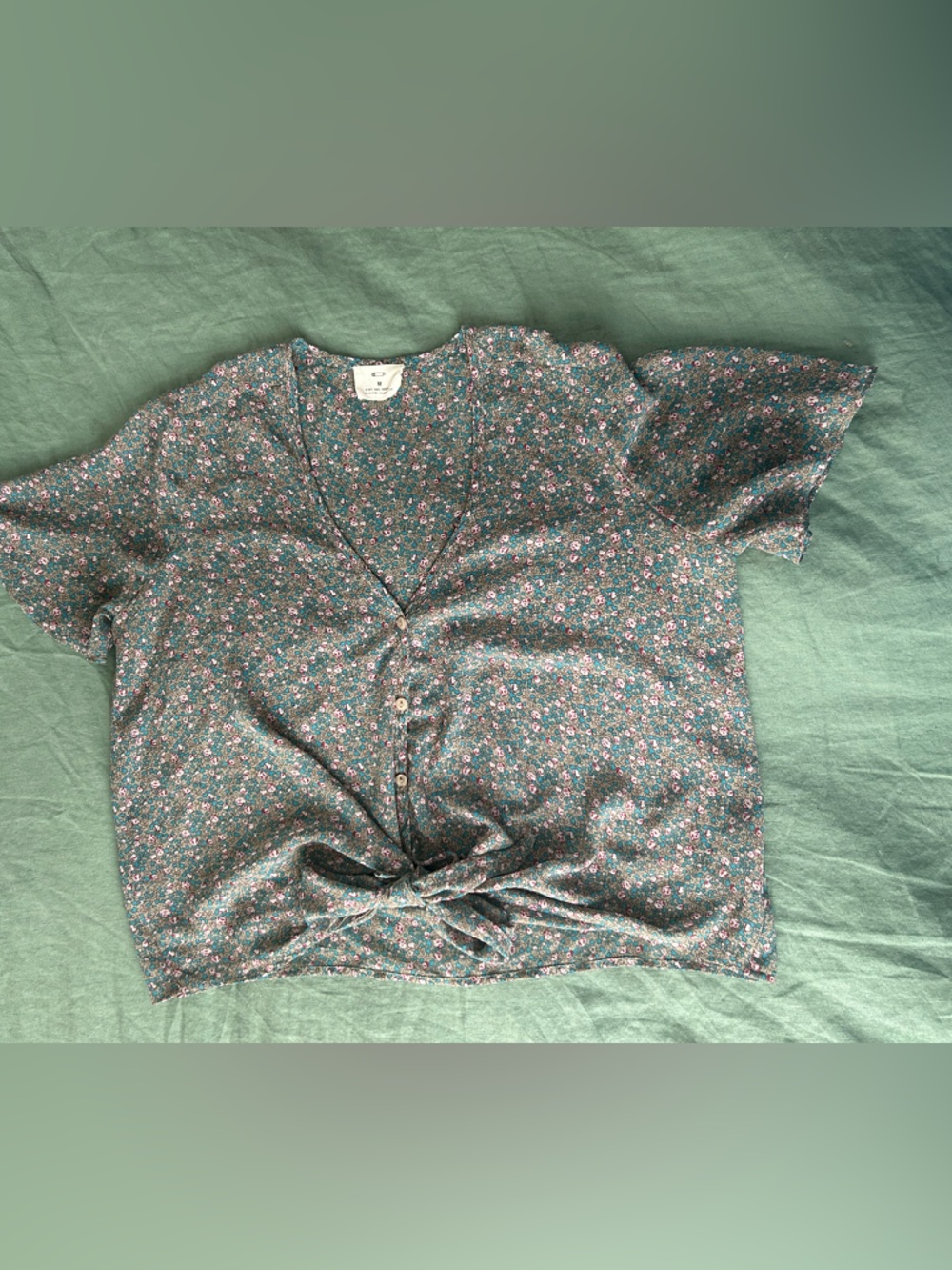 Pins & Needles Teal Floral Tie-Front Short Sleeve Top